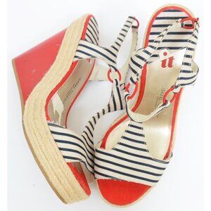 Isabel Toledo Size 10 Striped Espadrille T-Strap Platform Wedge Sandal Heels